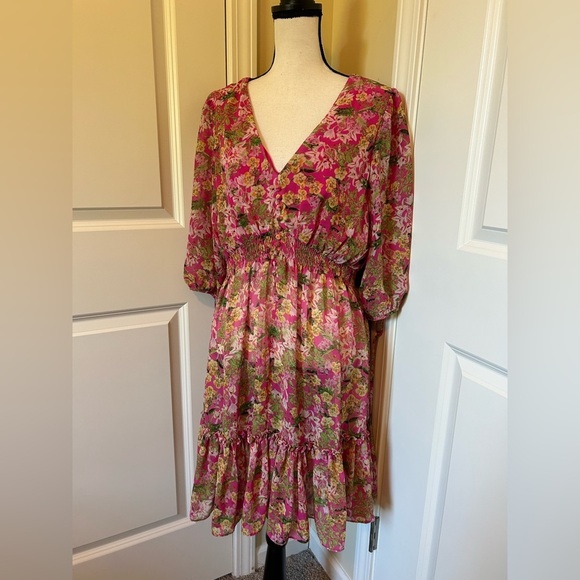 Pink long sleeve, sheer, V neck, peasant sleeve, ruffled, Floral Midi Dress - Picture 4 of 10